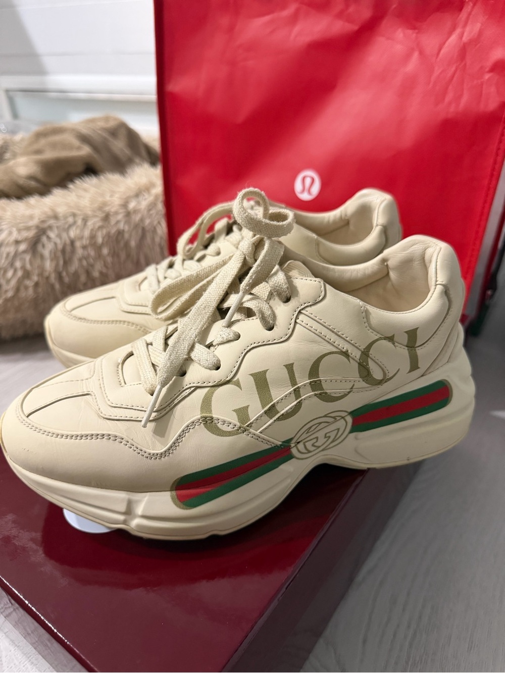 Gucci Cream Leather Chunky Sneakers with Red & Green Stripe - Picture 4 of 9
